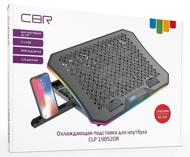 Охлаждающая подставка для ноутбука CBR CLP19852DR до 19", 3 вентилятор, 2x USB, RGB-подсветка, LCD-дисплей, держатель для смартфона, алюминий + пластик