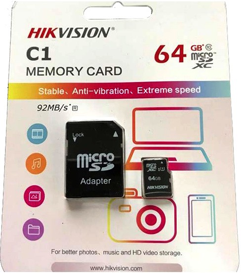   64Gb Hikvision C1 Class 10 microSDC + SD  (HS-TF-C1(STD)/64G/Adapter)