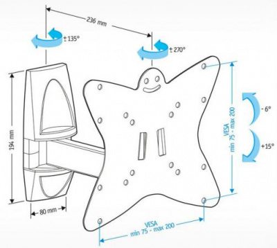 ��������� Holder LCDS-5037 ����������� ��� �� �� 20-37" ��������� �� ����� 236�� ������ +6�/-15� ������� 270� �� 30��