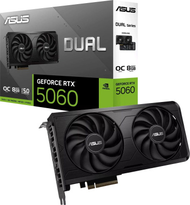 ���������� ASUS NVIDIA GeForce RTX 5060 DUAL EVO OC 8GB (DUAL-RTX5060-O8G-EVO), GDDR7, Ret (90YV0NS0-M0NB00)