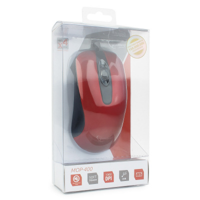 Gembird MOP-400-R ������� USB {����, ��������� ����, 2 ������+������ ������, 1000 DPI, soft-touch, ������ 1.45�, �������}	