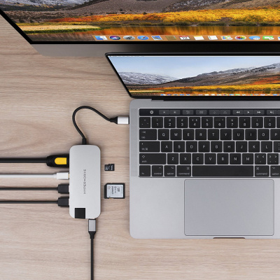 USB- Hyper HyperDrive SLIM 8-in-1 Hub  Macbook      Type-C. : 4K/30Hz HDMI, USB-C Power Delivery, 2 x USB-A, Micro SD, SD, Gigabit Ethernet, Mini DisplayPort.  