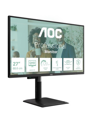 ������� AOC Q27P4CV 27" IPS, 2560x1440, 120Hz, 4ms, 350�d/m, 1500:1 | HDMI(2.0), DP(1.4), Type-C(PD-96W), 4xUSB 3.2, RJ45 | HAS, Pivot, Swivel, InPSU, Speakers, Vesa 100, Black